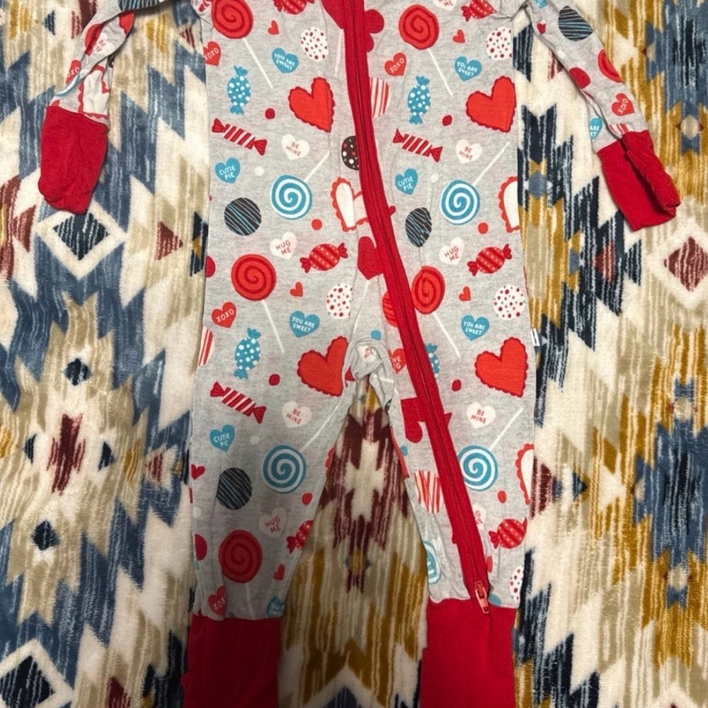 Little Sleepies Grey and Red Kids One-Piece Pajamas with Candy and Heart Print